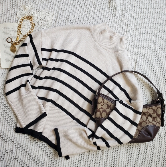 Sincerly Jules Sweaters - Sincerely Jules Cream and Black Striped Turtleneck Sweater